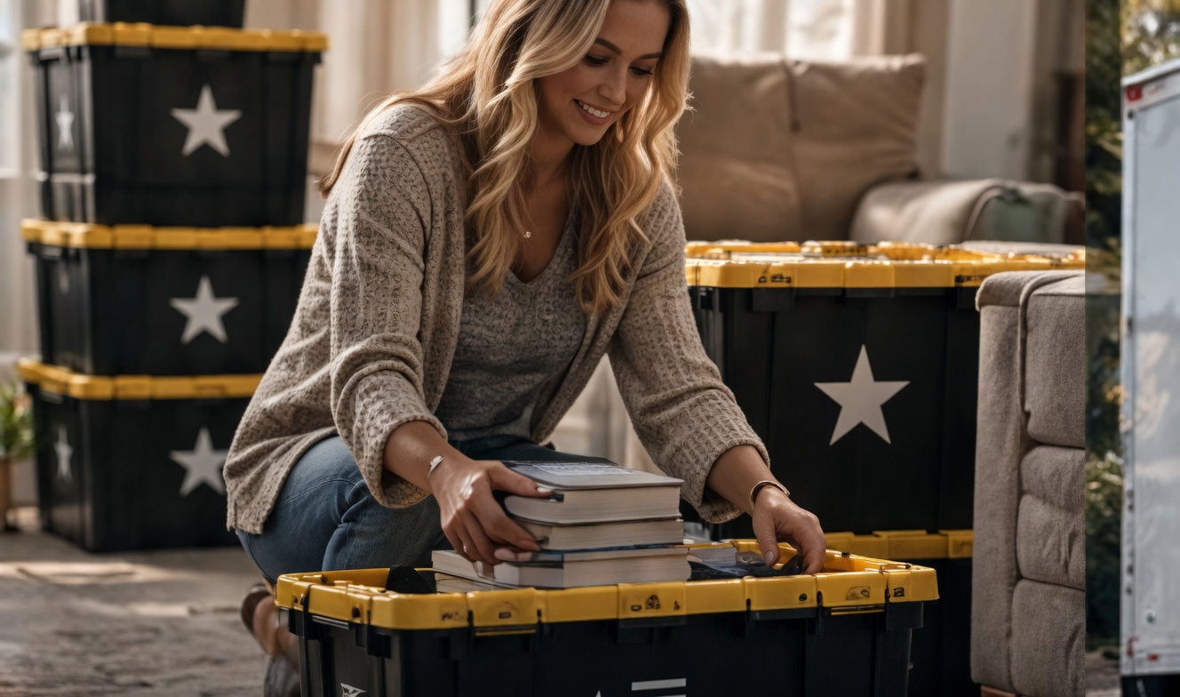 Woman packing books into a branded tote