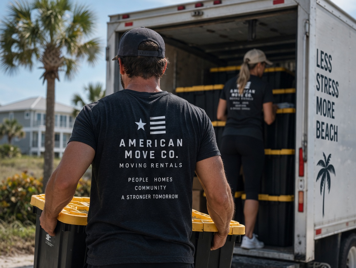 American Move Co. crew unloading black and yellow totes from a truck