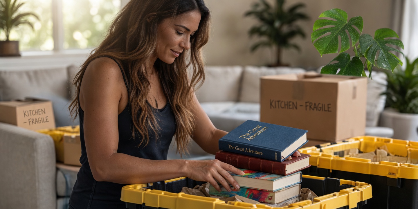 Woman packing books into a yellow-lidded tote in a living room