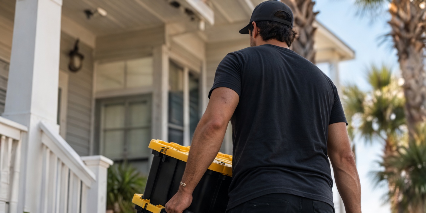 Driver carrying totes up to a porch